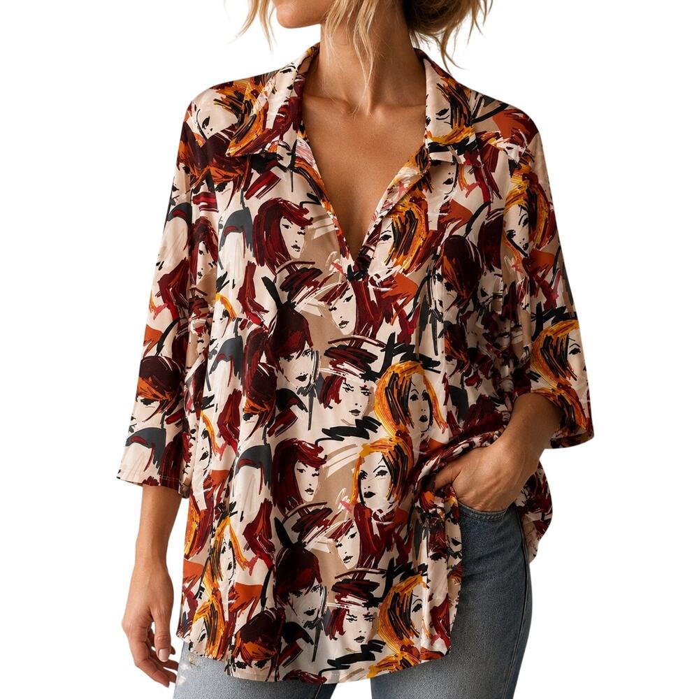 Attitudes by Renee Plus Size 1X Stretchy Artsy Fashion Face Art Blouse Shirt Top